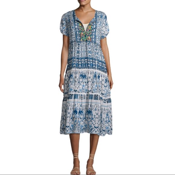 Johnny Was Dresses & Skirts - Johnny Was Power Scarf Tile-Print Long Dress Blue Size Large Floral Geometric